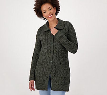 Aran Craft Merino Wool Button-Front Sweater Cardigan