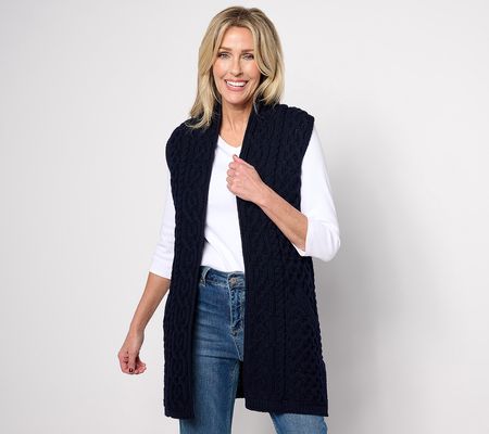 Aran Craft Merino Wool Open Front Vest with Pockets