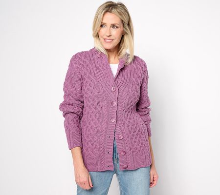 Aran Craft Merino Wool V-Neck Button Front Cardigan