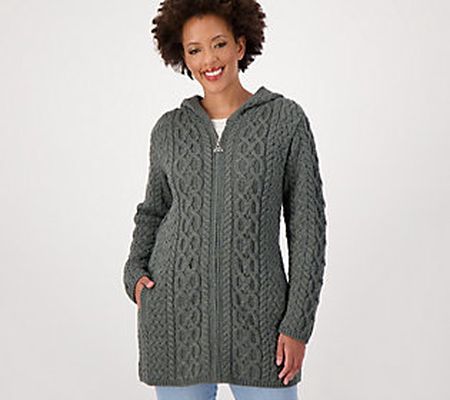 Aran Craft Merino Wool Zip-Front Long Sweater Cardigan