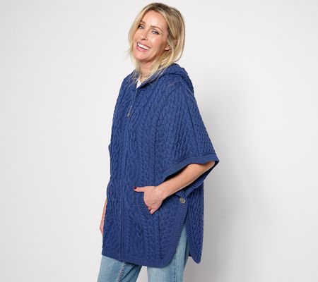 Aran Craft Merino Wool Zip Front Poncho with Pockets