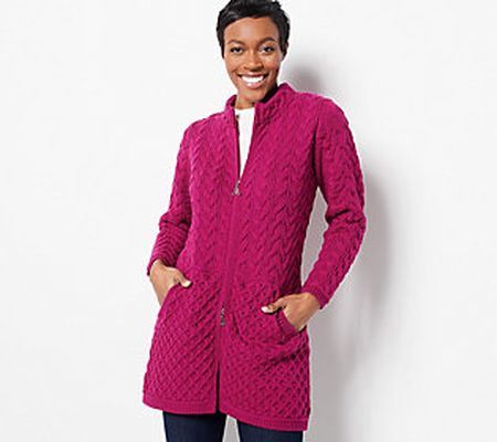 Aran Craft Merino Wool Zip Front Sweater Cardigan
