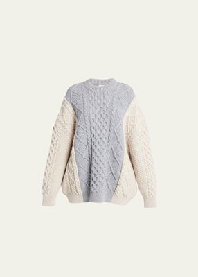 Aran Patchwork Cable-Knit Crewneck Sweater