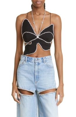 Area Butterfly Crystal Strap Crop Top in Black
