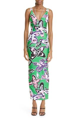 Area Butterfly Print Crystal Detail Maxi Dress in Green Multi
