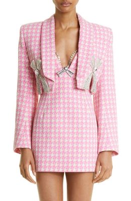 Area Crop Deco Crystal Bow Houndstooth Check Wool Blend Blazer in Pink Multi