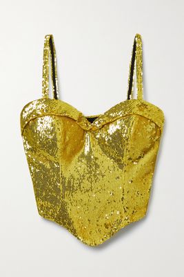 AREA - Cropped Sequined Tulle Bustier Top - Gold