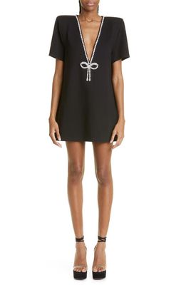 Area Crystal Bow V-Neck Ponte Knit T-Shirt Minidress in Black