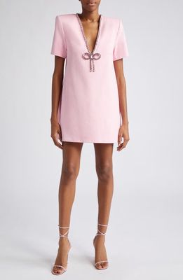 Area Crystal Bow V-Neck Ponte Knit T-Shirt Minidress in Pale Pink