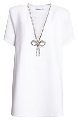 Area Crystal Bow V-Neck Ponte Knit T-Shirt Minidress in White
