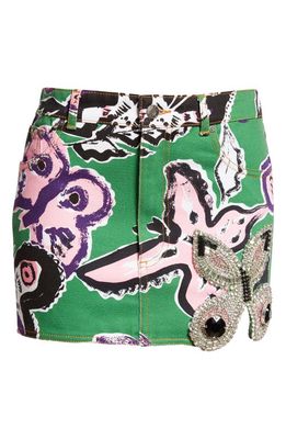 Area Crystal Butterfly Denim Skirt in Green Multi