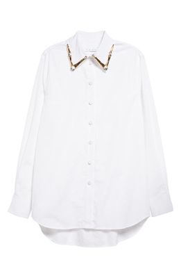 Area Crystal Claw Collar Detail Cotton Poplin Button-Up Shirt in White
