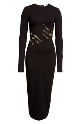 Area Crystal Claw Cutout Long Sleeve Ponte Knit Gown in Black