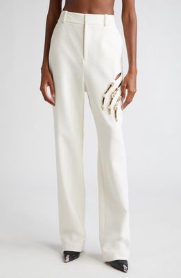 Area Crystal Claw Cutout Stretch Virgin Wool Straight Leg Trousers in Ivory