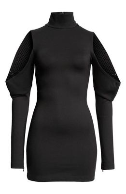 Area Crystal Cold Shoulder Long Sleeve Minidress in Black