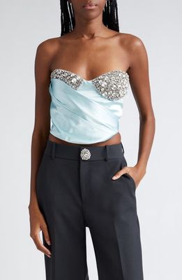 Area Crystal Cup Ruched Satin Bustier in Ice Blue