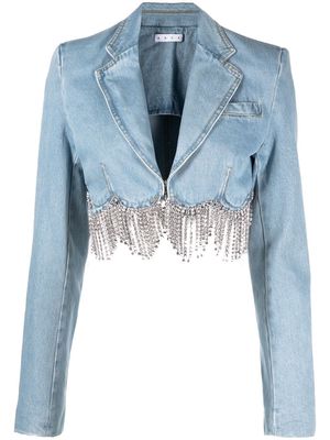 AREA crystal-embellished cropped denim jacket - Blue