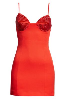 Area Crystal Embellished Cup Stretch Wool Minidress in Scarlet