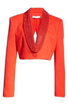 Area Crystal Embellished Cutout Crop Stretch Wool Tuxedo Jacket in Scarlet