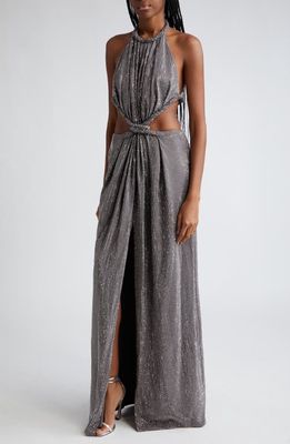 Area Crystal Embellished Cutout Ponte Jersey Halter Gown in Charcoal