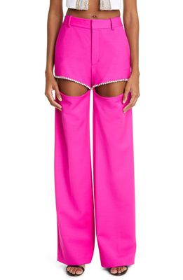 Area Crystal Embellished Cutout Straight Leg Stretch Wool Crepe Pants in Fuchsia