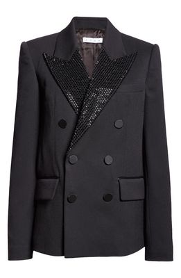 Area Crystal Embellished Double Breasted Stretch Wool Tuxedo Jacket in Black