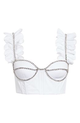 Area Crystal Embellished Ruffle Bustier Top in White