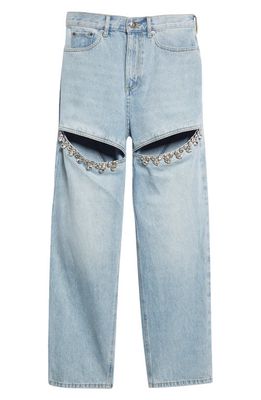 Area Crystal Slit Classic Cotton Denim Jeans in Light Blue