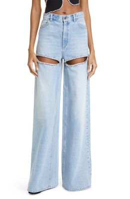 Area Crystal Slit Cotton Denim Wide Legs Jeans in Light Blue
