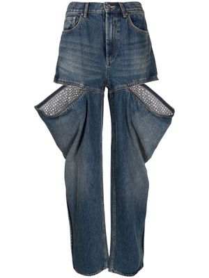 AREA crystal-slits tapered jeans - Blue