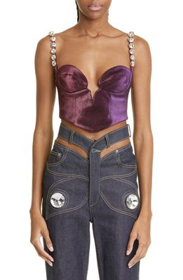 Area Crystal Strap Stretch Lamé Bustier Top in Purple