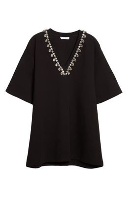 Area Crystal V-Neck Ponte Knit T-Shirt Minidress in Black