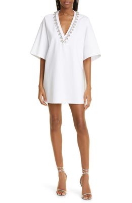 Area Crystal V-Neck Ponte Knit T-Shirt Minidress in White