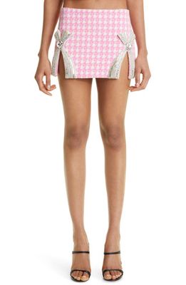 Area Deco Crystal Bow Wool Blend Houndstooth Miniskirt in Pink Multi