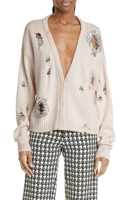 Area Distressed Crystal Cotton & Cashmere Cardigan in Ivory