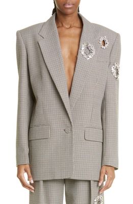 Area Distressed Crystal Relaxed Fit Check Wool Blazer in Brown/Ivory