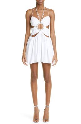 Area Gathered Butterfly Crystal Detail Cotton Poplin Minidress in White