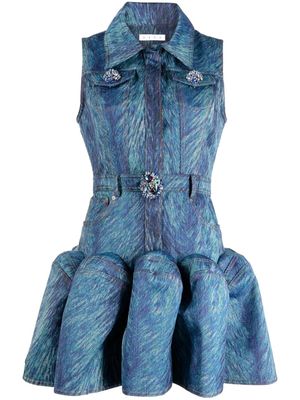AREA Godet fur-print sleeveless minidress - Blue