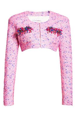 Area Grape Embellished Crop Bouclé Tweed Jacket in Fuchsia Multi