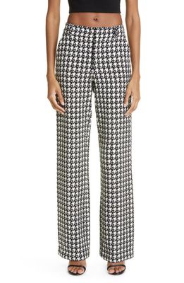 Area Houndstooth Crystal Embellished Cutout Straight Leg Wool Blend Trousers in Black Multi