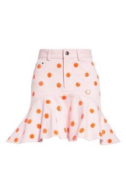 Area Polka Dot Ruffle Denim Miniskirt in Powder Pink
