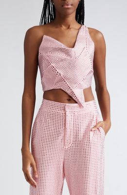 Area Star Asymmetric Crystal Embellished Crop Top in Candy Rose