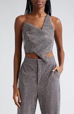 Area Star Asymmetric Crystal Embellished Crop Top in Charcoal