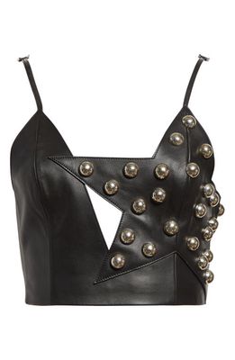 Area Star Studded Cutout Leather Crop Top in Black