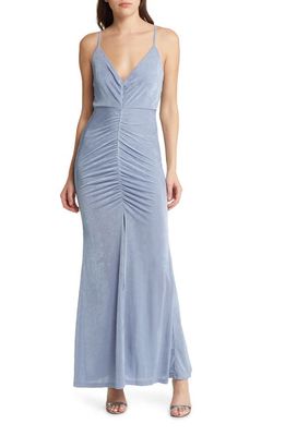 Area Stars Center Ruched Shimmer Jersey Gown in Blue