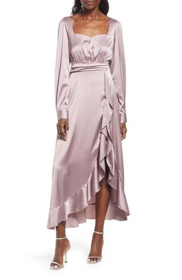 Area Stars Ruffle Detail Long Sleeve Satin Gown in Lavender