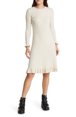 Area Stars Ruffle Trim Ribbed Long Sleeve Cotton Sweater Dress in Ivory