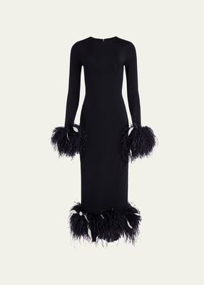 Aretha Long-Sleeve Feather-Trim Midi Dress
