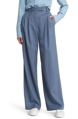 ARGENT Pleated Stretch Wool Wide Leg Trousers in Pigeon Blue