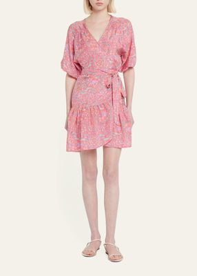 Ari Floral Silk Puff-Sleeve Mini Wrap Dress